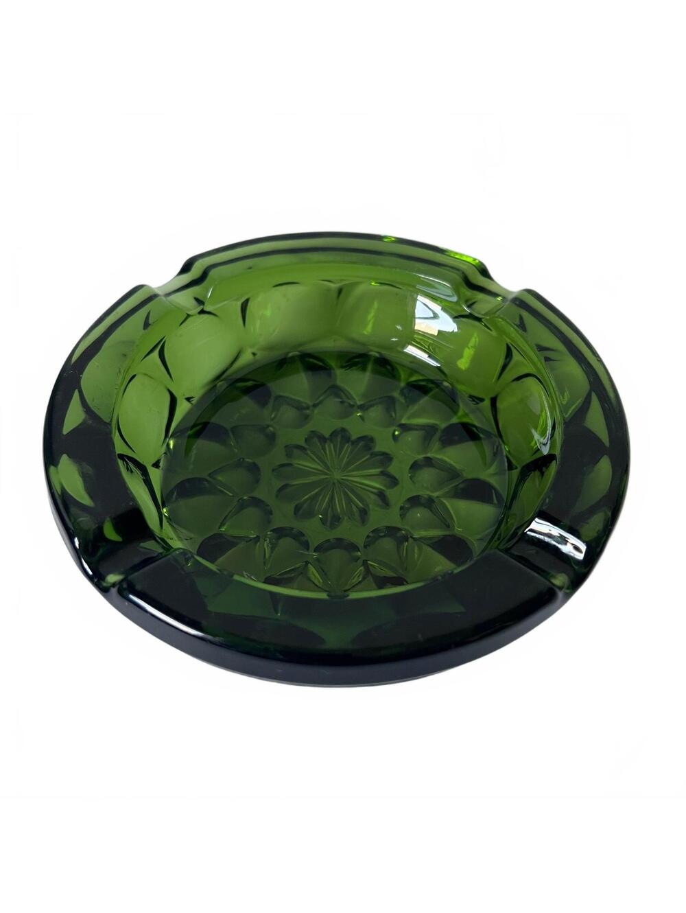 Vintage Anchor Hocking Ashtray Emerald Green Glass Starburst Pattern 6” 1970s